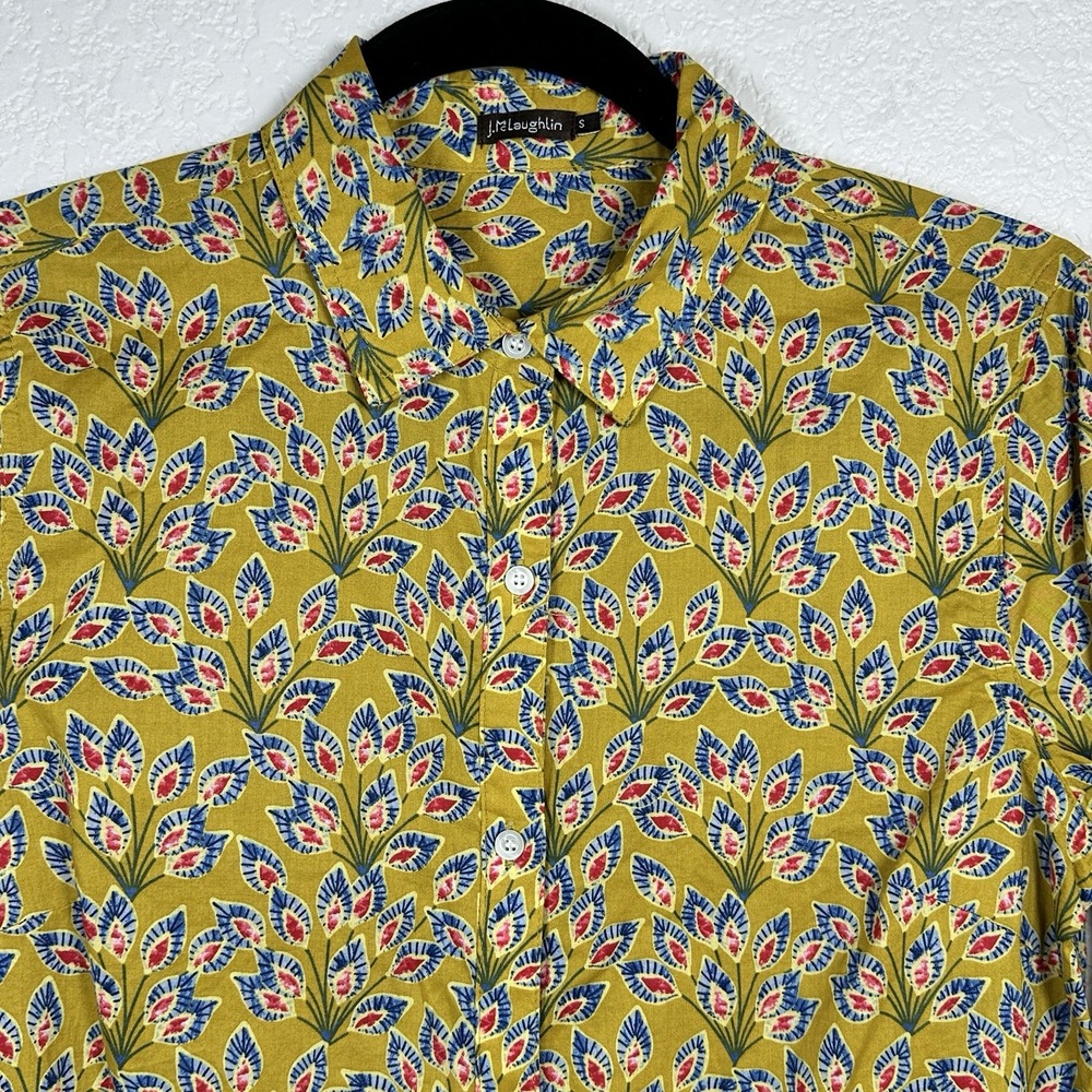 J McLaughlin Lois Cotton Floral Peacock Gold Button‎ Up Top Shirt Blouse NWOT S